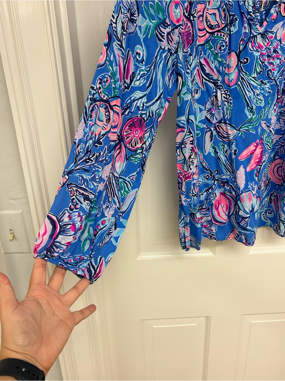 Lily Pulitzer XL Printed Long-Sleeve Peasant Blouse - Blue & Pink - Picture 3 of 4